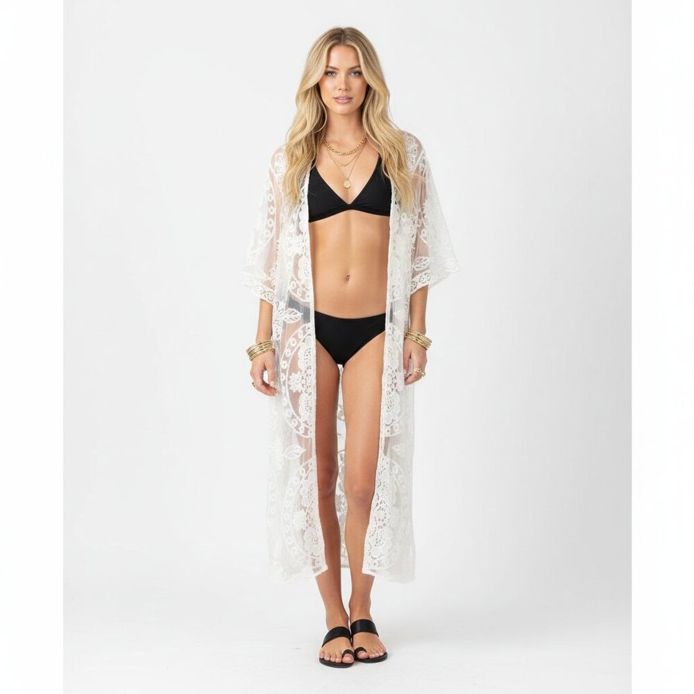 White Sheer‎ Crochet Lace Open Front Swim Suit Cover Up L/XL